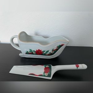 Vintage Set Large Christmas Deck the Halls Porcelain Sleigh Gravy Boat & Server